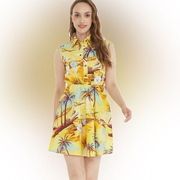 Hawaii Hangover Tropical Yellow Sleeveless Collared shirt Dress turtles! Small - Picture 10 of 10